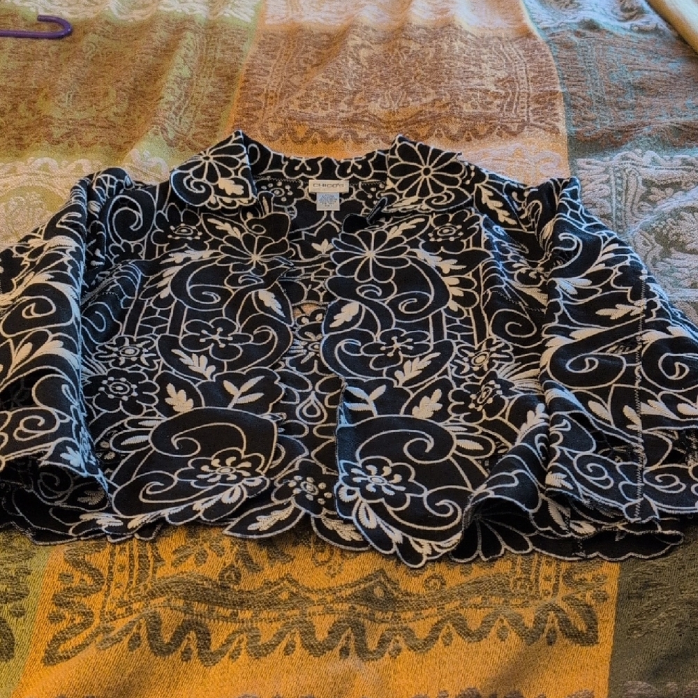 NWOT Chico's Black and White Floral Cardigan